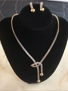 Gold and Silver Lariat Necklace with Gold Ball Earrings